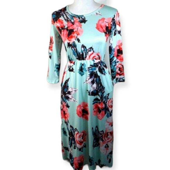 BLUE FLORAL LONG SLEEVE DRESS SZ.S/M EUC - Picture 1 of 7
